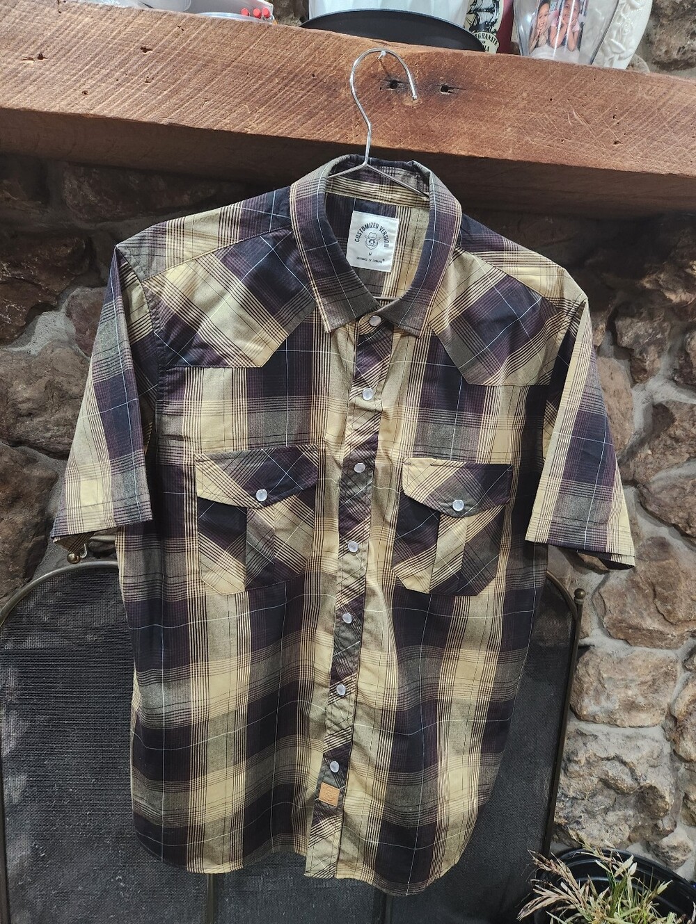 DUBINIK Customized Version Mens Pearl Snap Shirt MED Short Sleeves Pockets Plaid